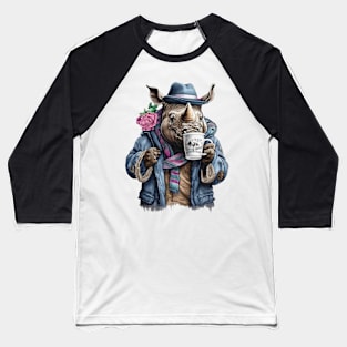 Rhinoceros wearing a jackets holding a cup coffee Baseball T-Shirt